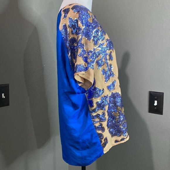 Tracy Reese Blouse Neiman Marcus Target Sequin Top Royal Blue Beige Tan New - Picture 8 of 10